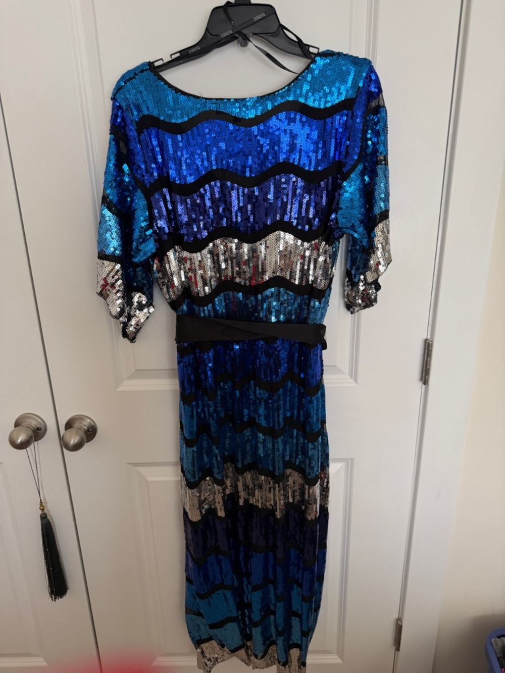 Eloquii Blue and Silver Sequin V-Neck Midi with Black Satin Tie NWT - Picture 2 of 4